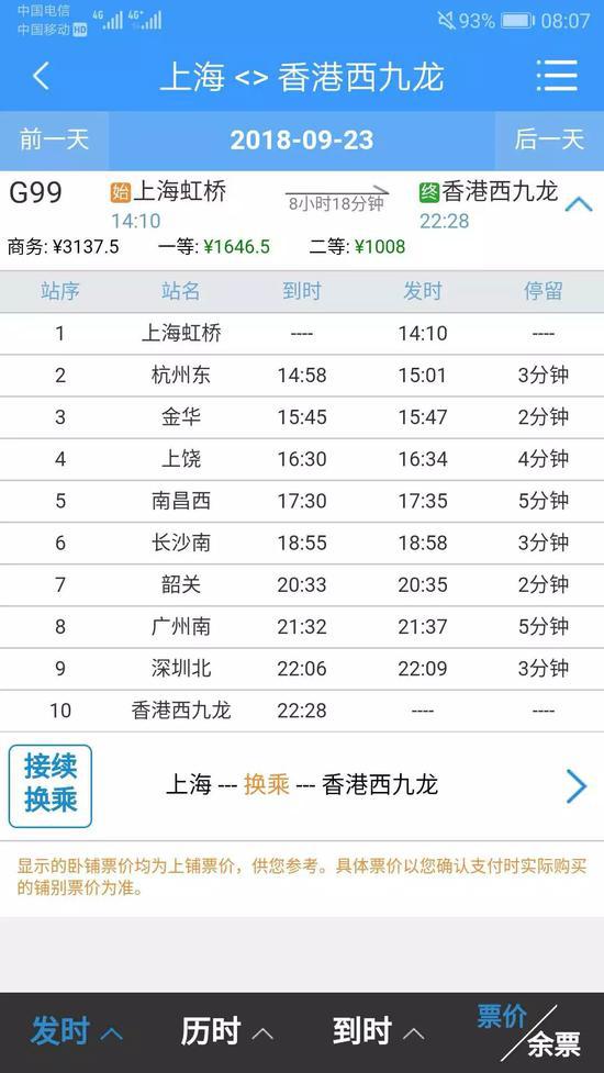 上海到香港高铁今早开售 全部票价公布！